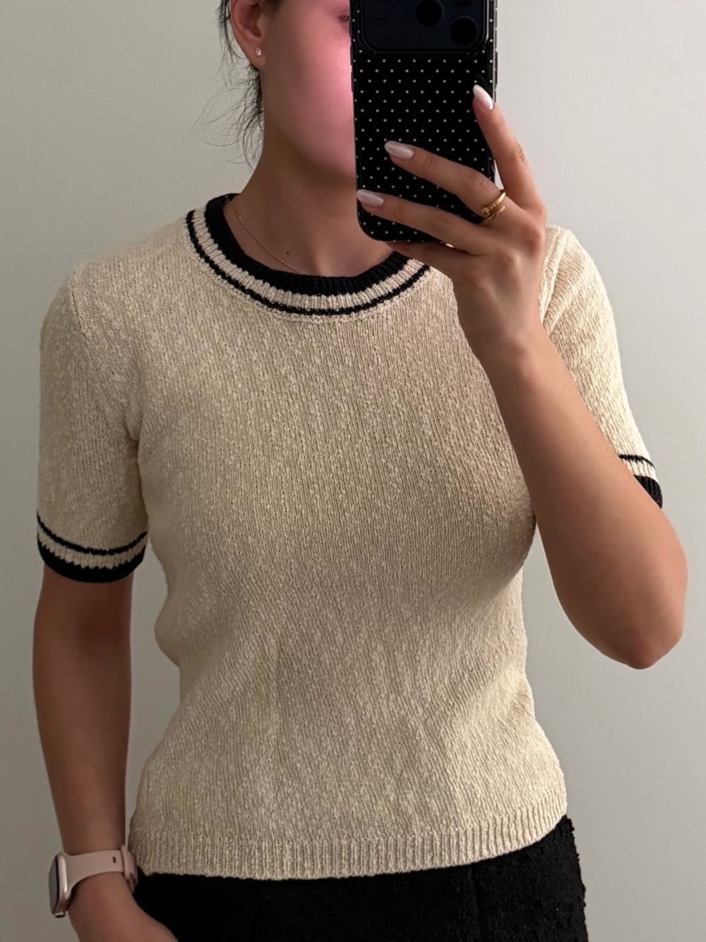 Cream Short-Sleeve Knit Top with Black Trim